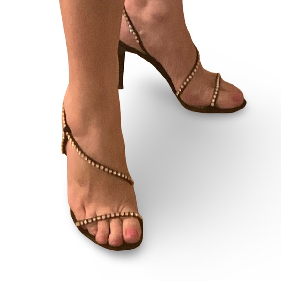 JULIEN MACDONALD black satin strappy sandal heels with rhinestones VTG - Picture 13 of 13